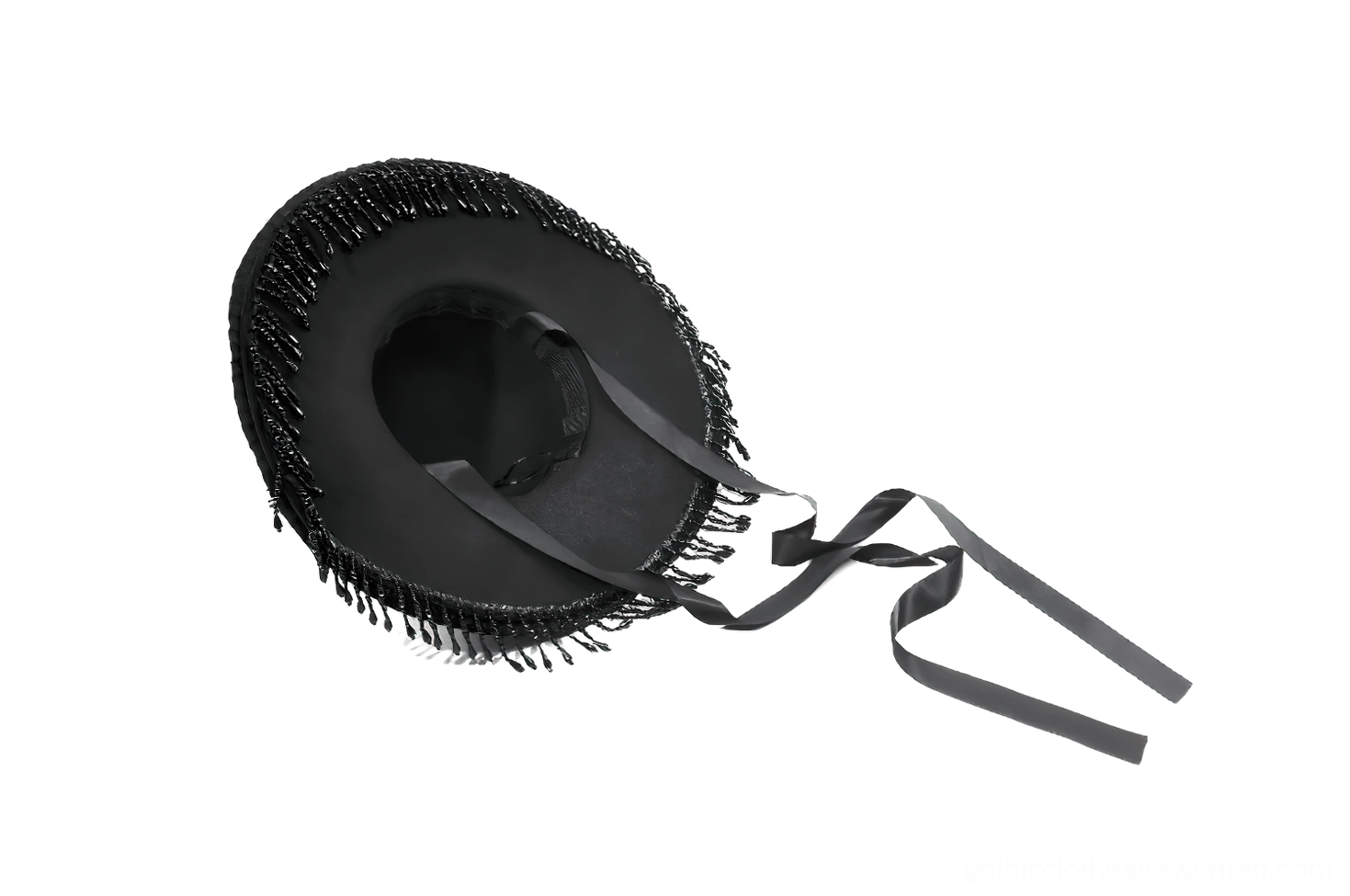 Gothic hat bottom detail showing satin ribbon ties and inner hat band - underside view