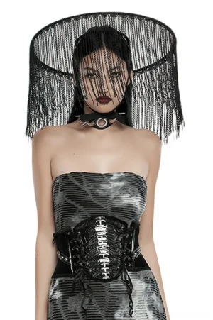 Gothic tassel hat styled with punk goth outfit on model, chain fringe headwear with alternative fashion ensemble