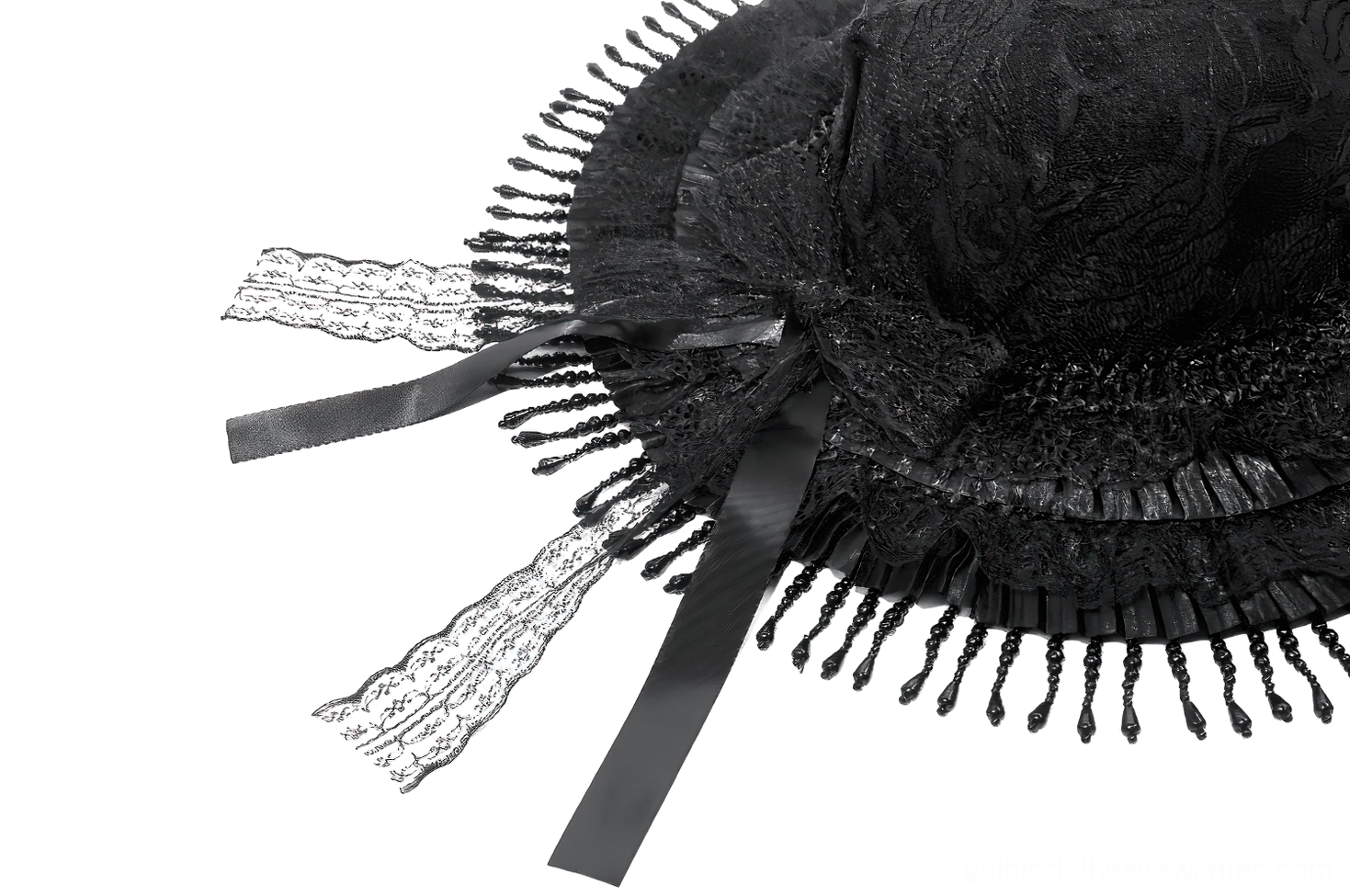 Top view of gothic lace hat showing dual satin ribbon straps and beaded fringe construction detail