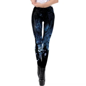 Gothic haunted forest printed leggings for women - front view showing dark indigo woodland pattern and mid-rise waist on female model