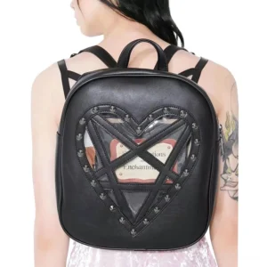 Gothic black heart-shaped transparent backpack rear view showing dual shoulder straps and top carry handle on model