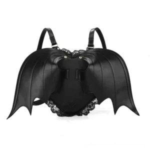 Gothic heart-shaped black PU leather backpack with bat wings and golden metal details, front view with intricate black lace trim