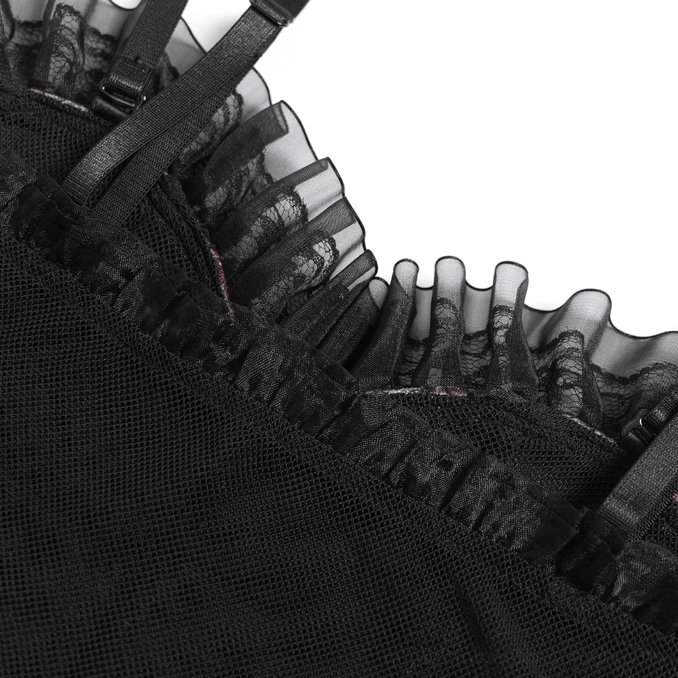 Alternative angle of black mesh gothic heart bustier showing ruffle trim construction and overall silhouette on mannequin display