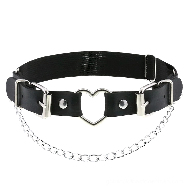 Gothic PU leather garter belt collection showing multiple color variations with heart buckles and hanging chains