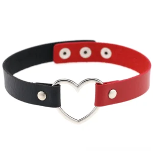 Black and dark red dual-tone PU leather heart choker necklace with silver metal heart pendant and adjustable snap closure