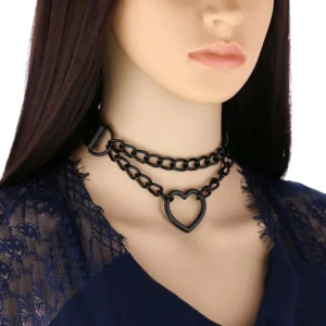 Black gothic heart choker with thin aluminum chains and hollow heart pendant, worn close-up on neck showing adjustable design