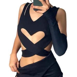 Black gothic heart cutout crop tank top with single long sleeve and cross wrap waist detail - front close-up view