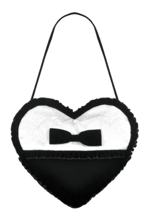 Black heart-shaped gothic lace bow crossbody bag front flat lay view showing black velvet exterior with intricate jacquard lace overlay and central velvet bow detail