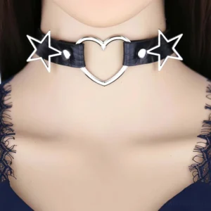 Black PU leather heart and star choker necklace worn on female model with lace top background, showing front close-up detail of silver heart pendant and hollow star accents