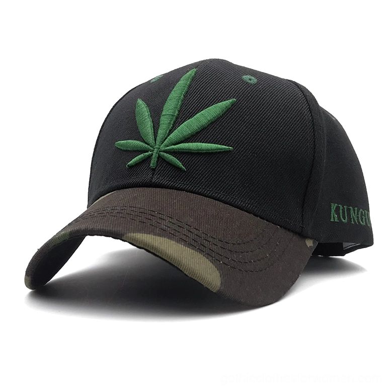 Green hemp leaf embroidered gothic baseball cap front view with dark camouflage brim and embroidery detail