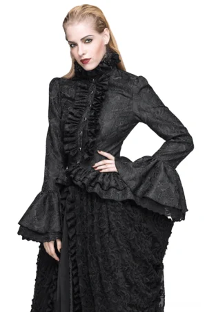 Black gothic high collar ruffle blouse with flared lace sleeves, front three-quarter view on blonde model
