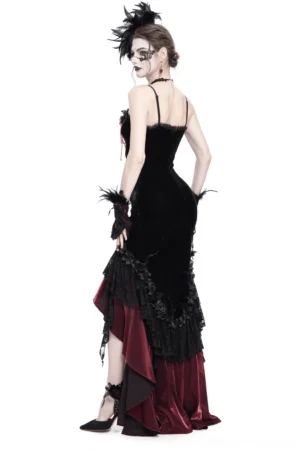Gothic velvet high-low dress back view showing asymmetrical hemline with lace trim detail