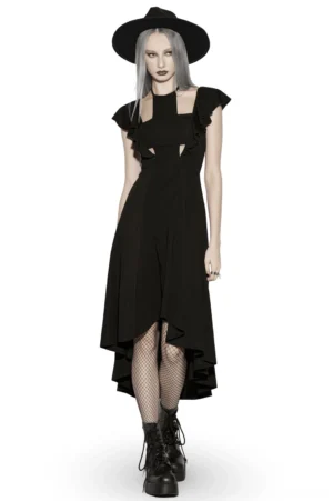 Black gothic high-low dress with lace-up back and ruffle sleeves - front view on silver-haired model in studio setting