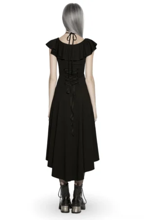 Gothic high-low dress with adjustable lace-up back and fluttering ruffle sleeves - back view on model