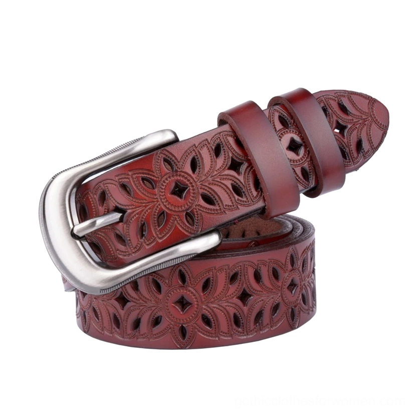 Burgundy and dark red genuine leather hollow-carved gothic belts with classic floral design and metal pin buckles