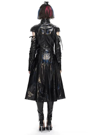 Black holographic patent leather gothic coat with cold shoulder cutouts and lace-up sleeves, full back view on model showing tailored silhouette