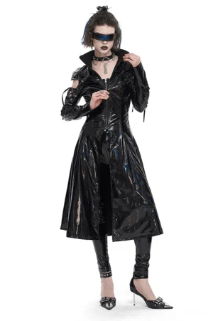 Women's holographic patent leather gothic coat with stand collar and lace-up cold shoulder sleeves, front three-quarter view on alternative model
