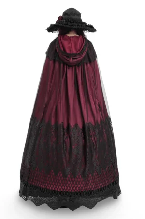 Full back view of floor-length gothic hooded cape with black lace hem and hood trim, displaying elegant wine red satin drape