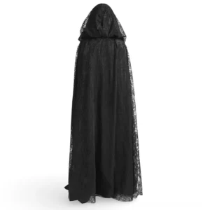 Floor-length black hooded cape back view on mannequin displaying velvet interior lining and lace exterior layering