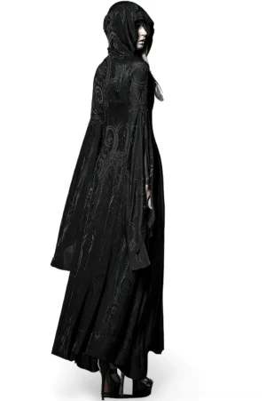 Black gothic hooded cape dress back view showing flowing floor-length skirt and attached hood