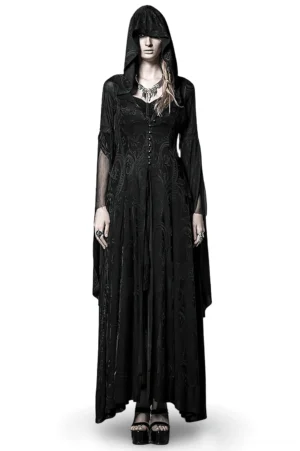Black hooded gothic cape dress with bell sleeves front view on model, floor-length jacquard paisley pattern