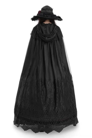 Back view of floor-length hooded gothic cape on mannequin displaying embroidered lace hem and sheer mesh overlay details
