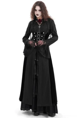 Black Victorian gothic hooded cape with lace sleeves and metal buckle corset front, worn by model with curly hair in full-length front view against white studio background