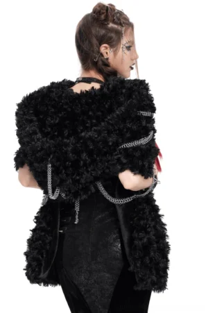 Black faux fur hooded cape with cascading silver chains, back view on model