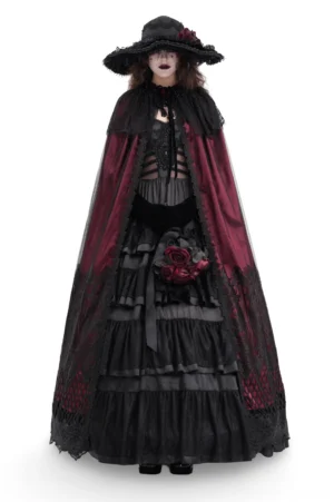 Wine red gothic hooded cape worn by model in front three-quarter view, featuring black lace trim and attached hood for dramatic cosplay styling