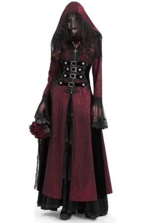 Black lace hooded gothic cape with wine-red lining and beaded tassel veil, front view on female model