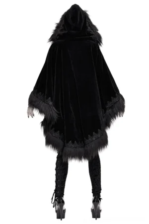 Back view of gothic hooded cloak displaying faux fur trimmed hem and smooth black velvet draping from shoulders to calves