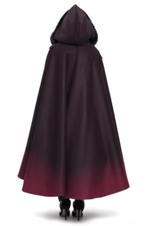 Gothic hooded cloak back view on mannequin displaying solid black fabric and gradient wine red hem