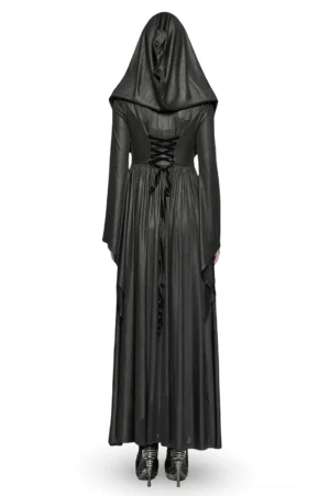 Gothic cloak coat back view showing lace-up corset detail and floor-length pleated jacquard skirt on display mannequin