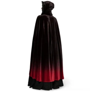 Full-length back view of black red gradient velvet gothic hooded cloak displaying smooth ombre finish and dramatic silhouette