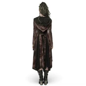Gothic long coat back view displaying corset-style lace-up design, back velvet drawstring, and distressed fabric texture