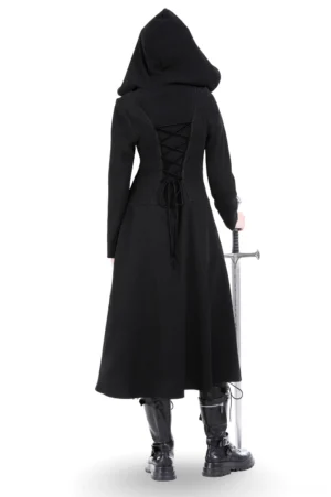 Back view of black gothic hooded coat featuring lace-up back closure and floor-length hemline