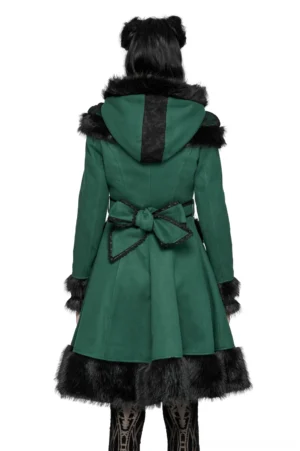 Black-green gothic winter coat back view showing theatrical waist bow sash and flared A-line hem with faux fur pocket details