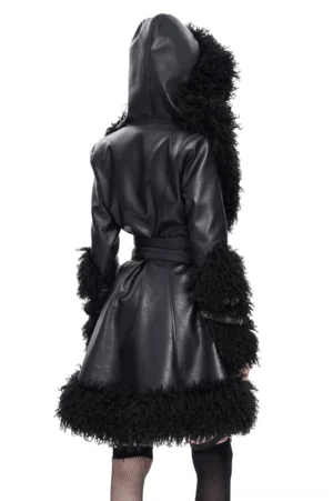 Black faux leather gothic hooded coat back full view on mannequin, displaying smooth leather back panel and fur-trimmed hemline