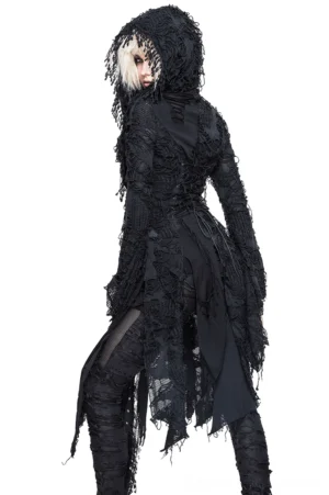 Gothic batwing sleeve hooded coat side-back view displaying tattered fringe trim, asymmetric hem, and corset-style back detailing