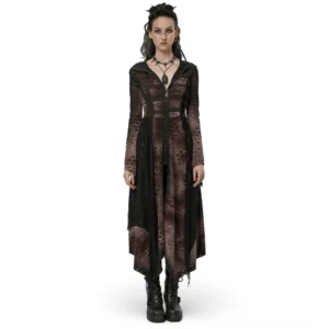 Distressed gothic hooded long coat front view on model, showing asymmetric hem, metal rivets, and oversized hood with irregular jagged hemline