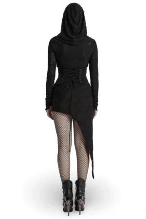 Gothic black dress back view showing corset lace-up back detail, sheer mesh sleeves, and uneven asymmetrical hemline, full length rear display