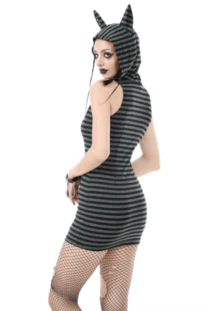 Gothic striped hooded dress side and rear view showing fitted silhouette and devil ear hood detail
