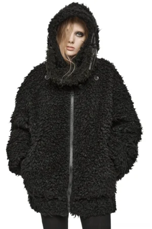 Black gothic oversized hooded fleece jacket front view with detachable scarf and front zipper on model