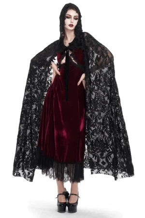 Black embroidered gothic hooded cape with lace front tie closure, full front view on model