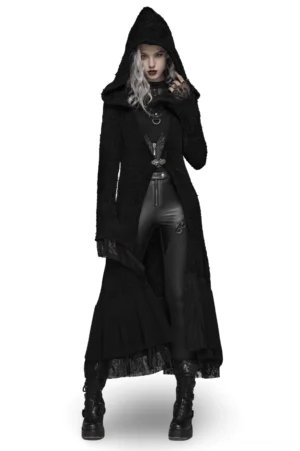 Black hooded gothic lace trim woolen cloak coat worn by model, front full-body view