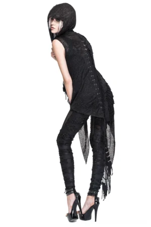 Black hooded asymmetric lace-up gothic cape vest back view with lacing detail worn by model on white background