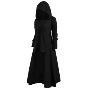 Black gothic pullover hooded maxi dress with asymmetrical front split, dramatic drape and full sleeves