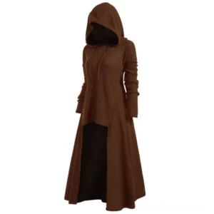 Gothic hooded maxi dress with front split in brown, drawstring hood detail, computer-knitted polyester fabric