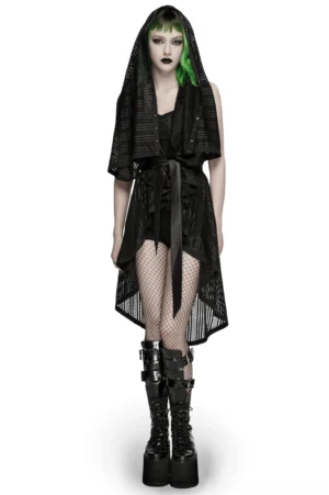 Female model wearing black hooded mesh gothic cape with studded belt and asymmetric high-low hem, front full-body view on white studio background