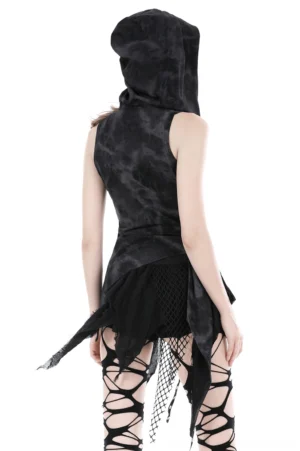 Back view of dark gothic hooded sleeveless top on model, showcasing hooded design and asymmetrical tail hemline from behind, white studio background